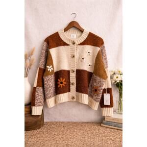 Anthropologie Luna Ivy Floral Colorblock Knit Cardigan Sweater Chunky Button